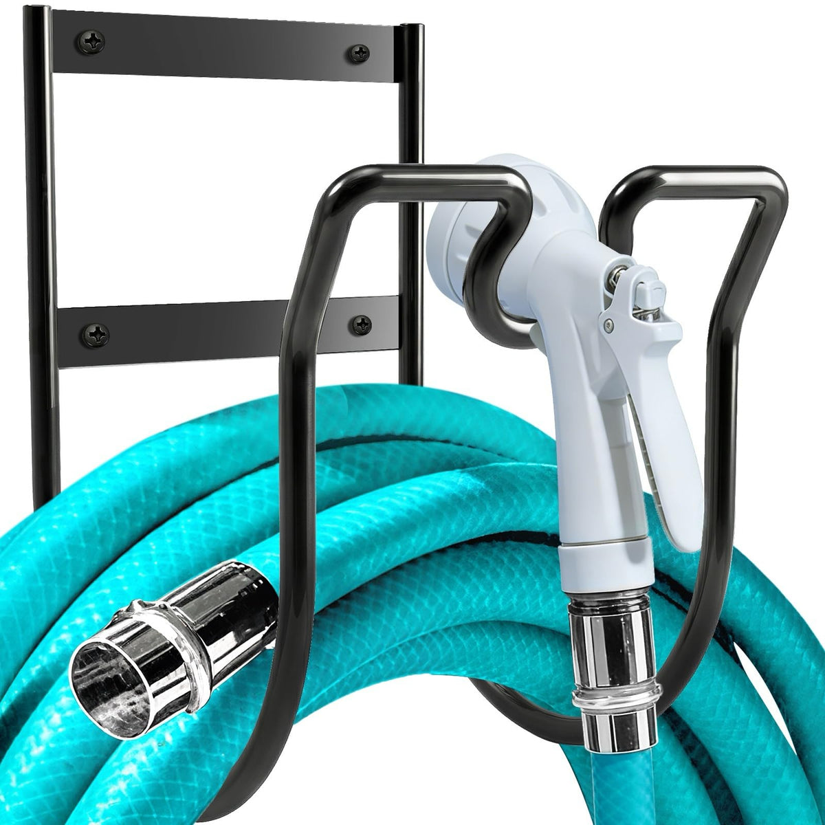 Kuaima hose hanger wall mount front view keeps garden hoses off the ground.