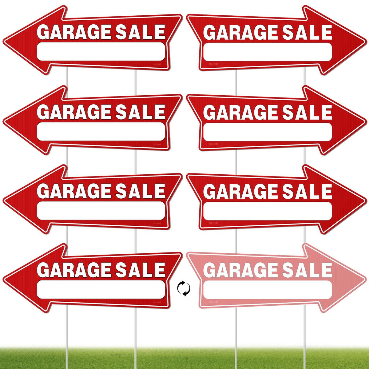 Kuco 7-pack garage sale signs with stakes, double-sided for clear directions in rain or sun.