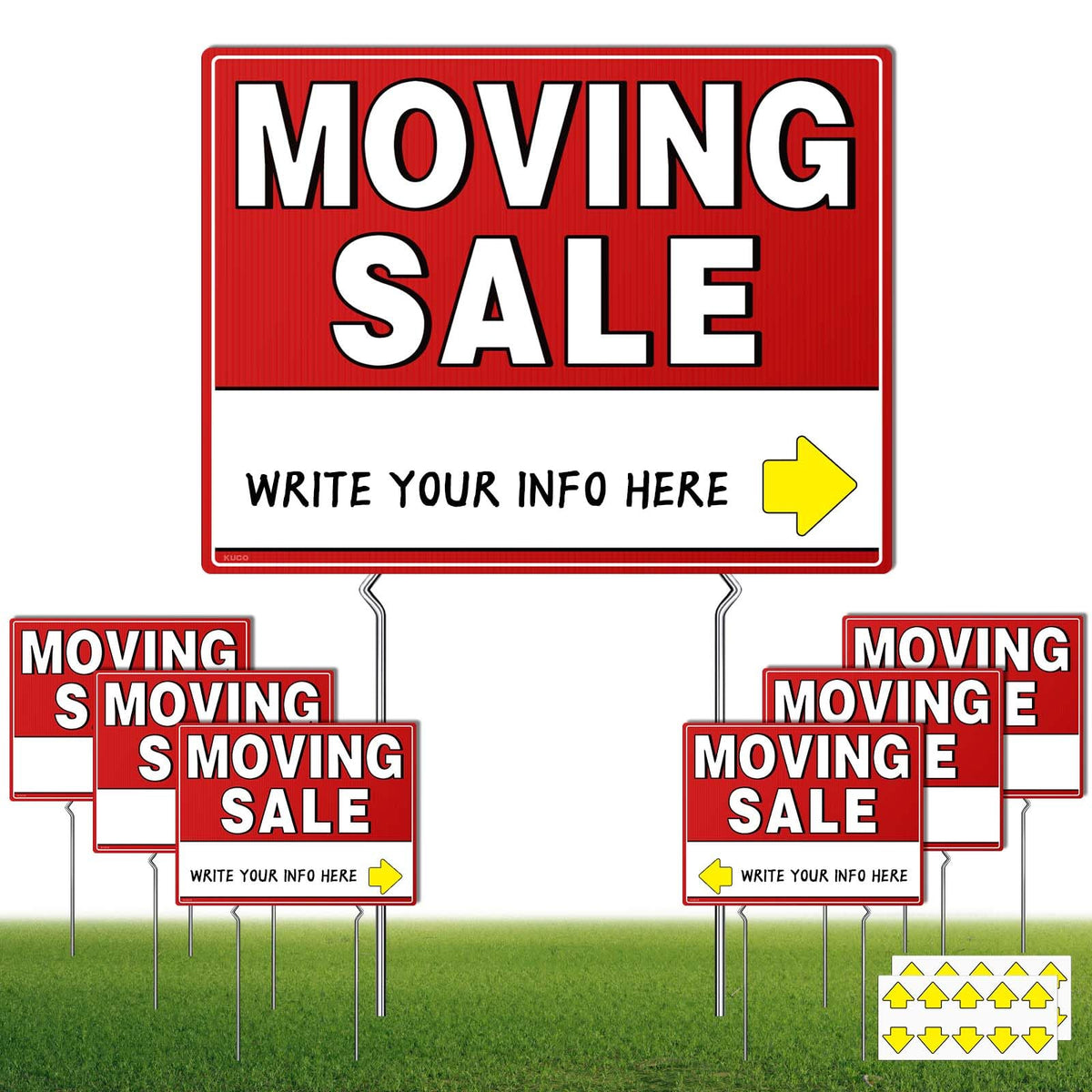 Kuco 7Pcs weatherproof moving sale signs front view for high visibility.