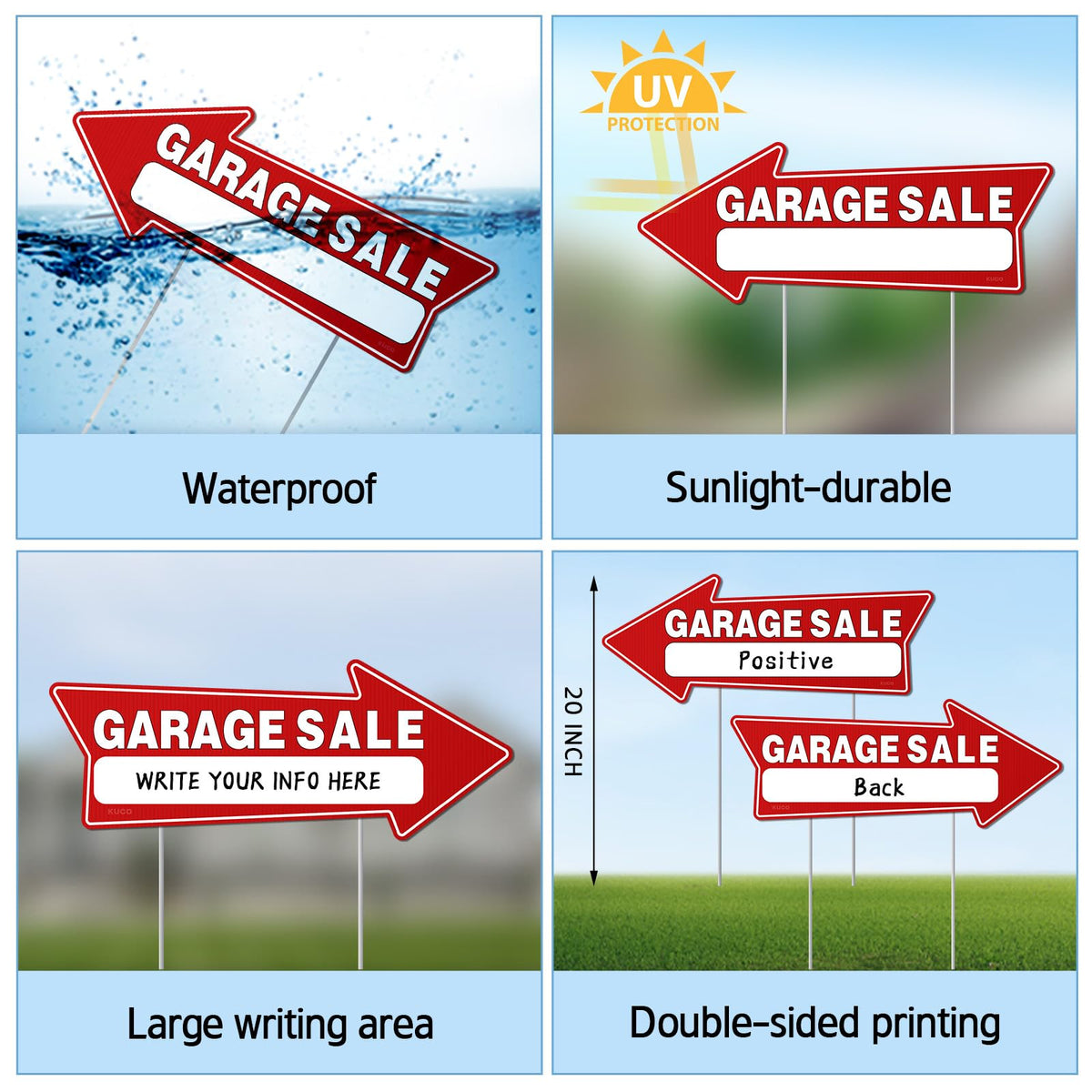 Kuco resilient plastic construction withstands wind and rain for long-lasting garage sale use.