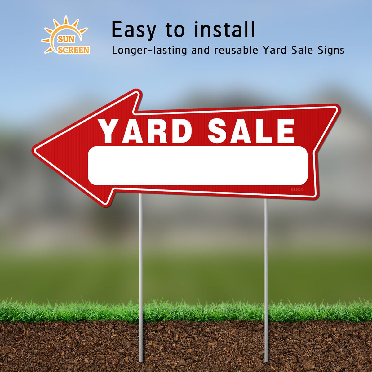Kuco double-sided yard sale signs show arrows from both sides for high visibility