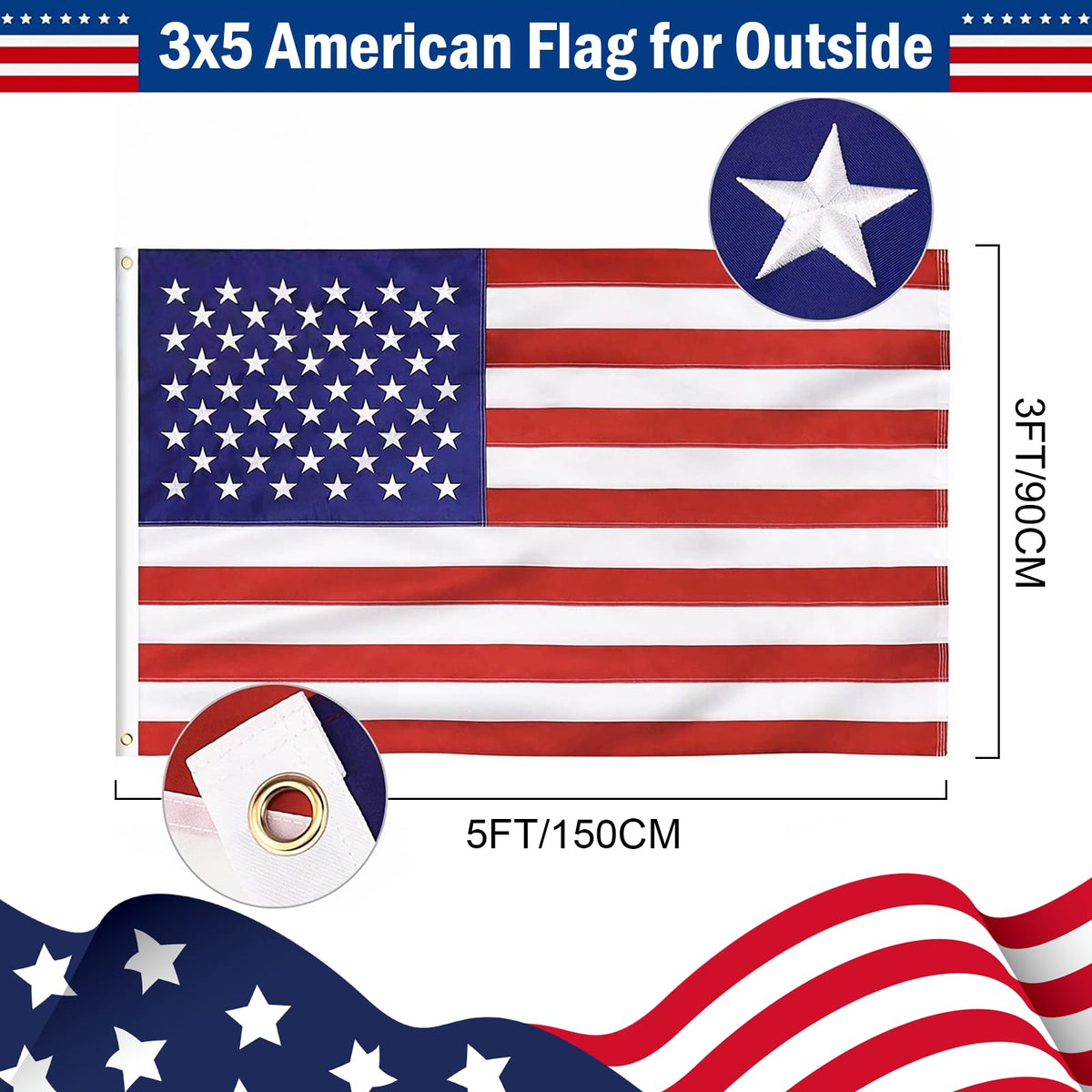 KUJAIS American flag shows sewn stripes with durable year round patriotism