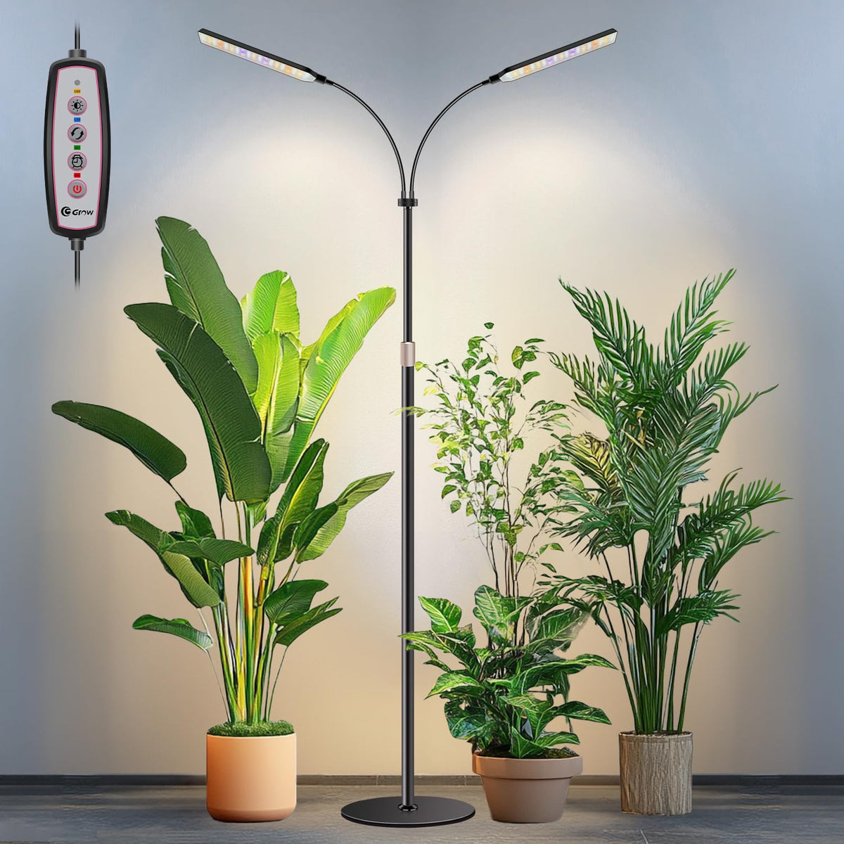 Kullsinss Black Floor Grow Light with dual heads provides wide coverage for tall indoor plants.