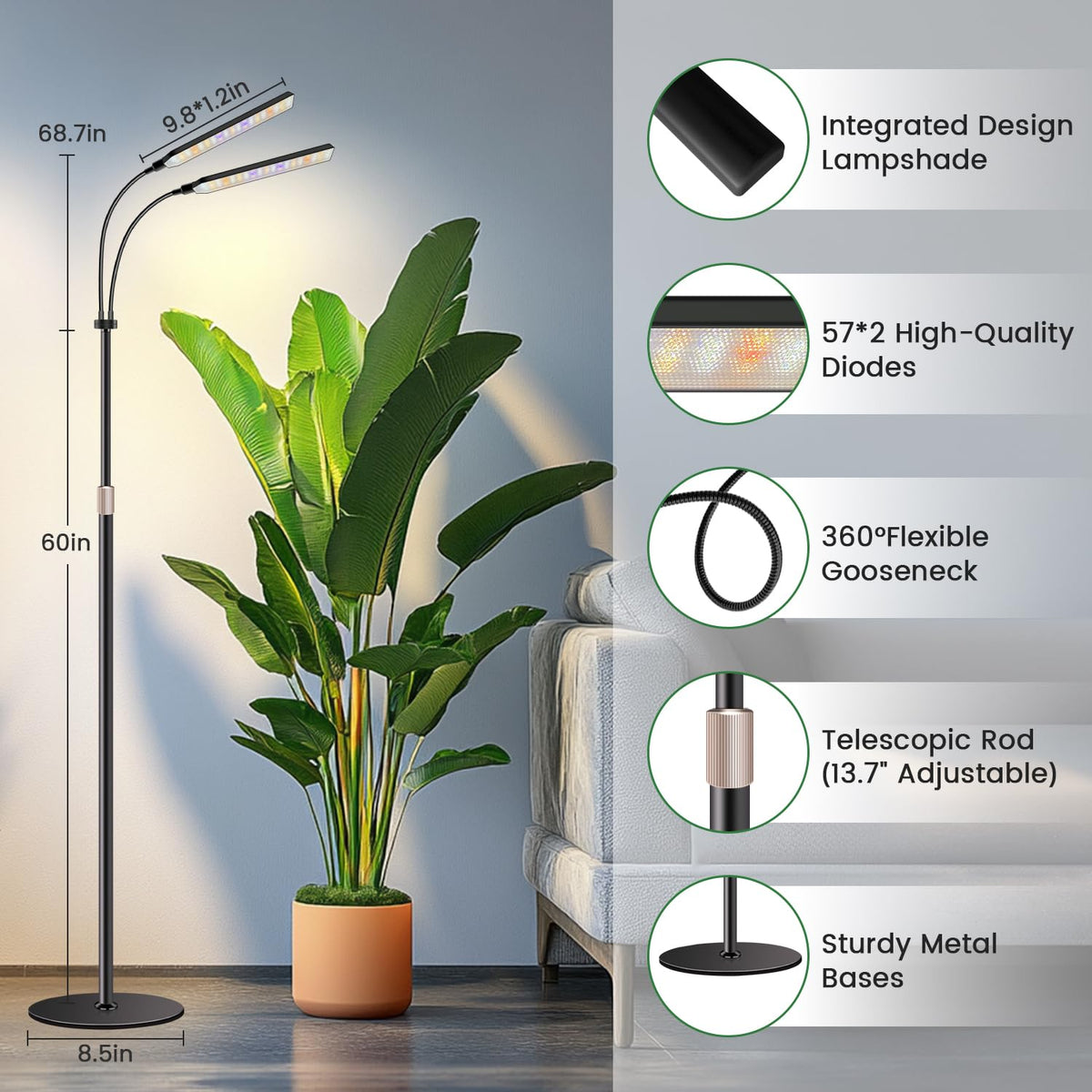 Kullsinss full spectrum LED diodes mimic natural light for healthy growth.