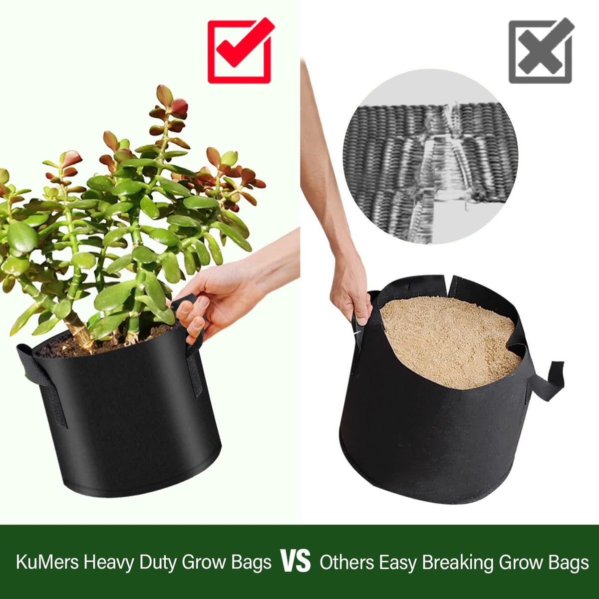 KuMers 5-gallon bags fit large pots and allow nutrient storage.