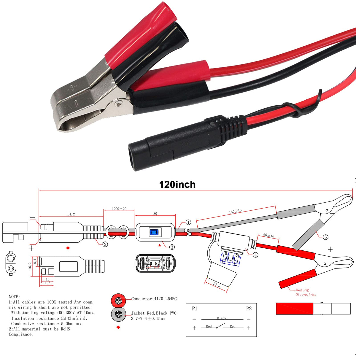 Inline 15A fuse on KUNCAN cable protects circuits during use.