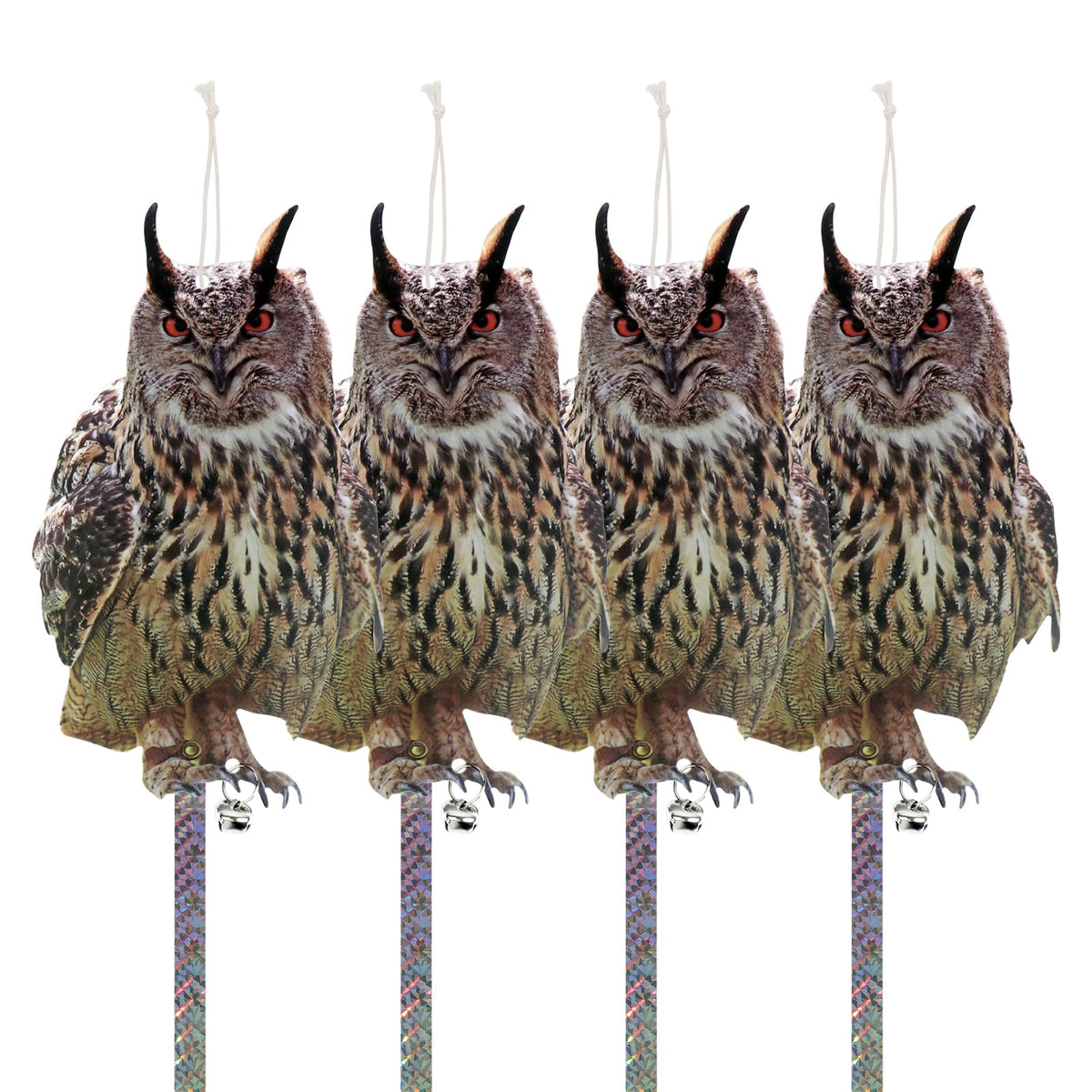 Kungfu Mall 4pc fake owl set for hanging garden decor helps deter birds.