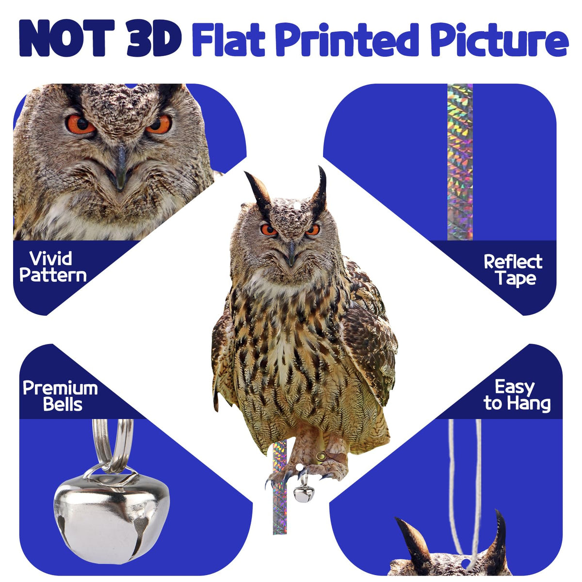Kungfu Mall garden owl hanging decor with reflective tape for fruit protection.
