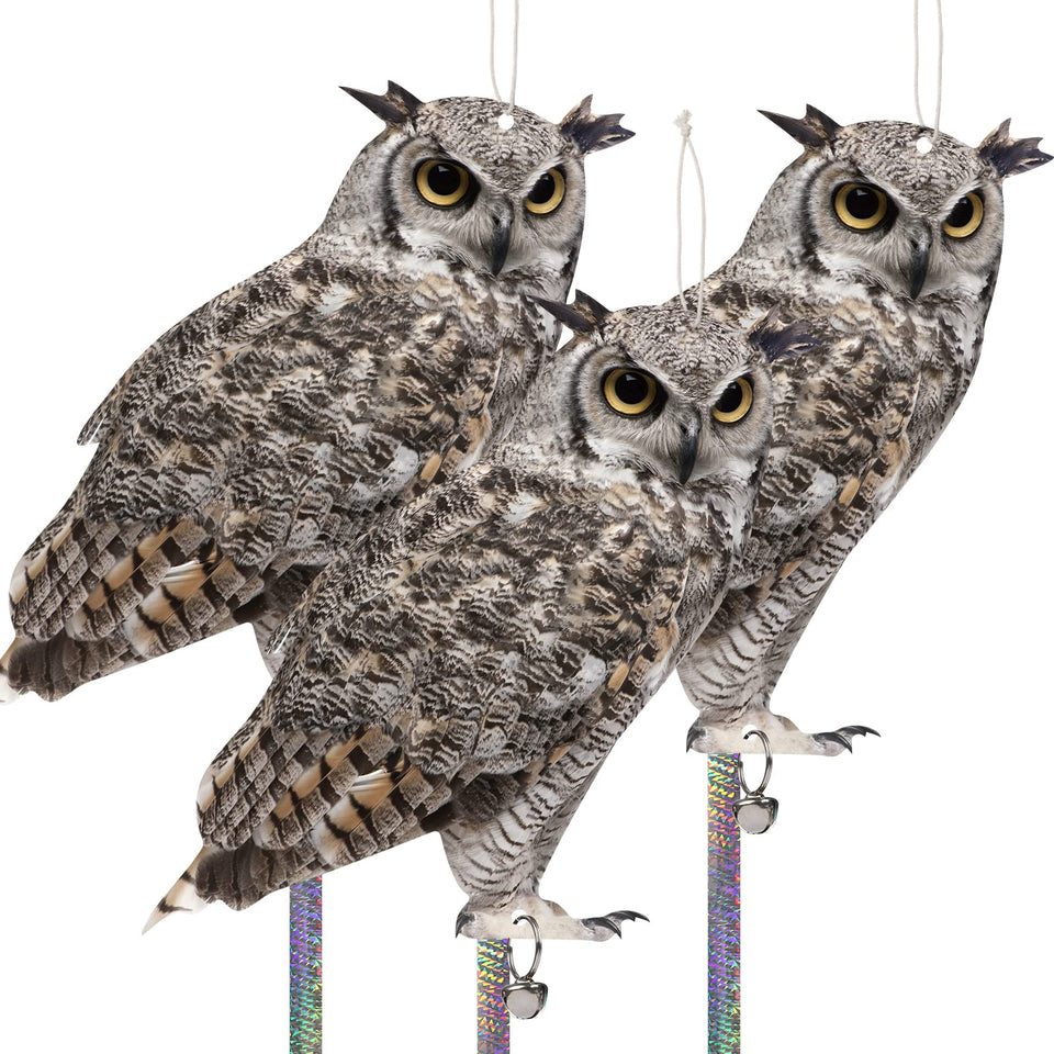 Kungfu Mall owl decoy 3-pack deters pigeons in the garden.