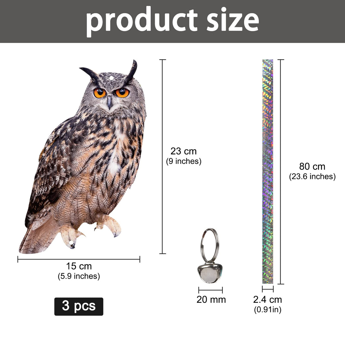 Kungfu Mall owl deterrent with reflective tape deters birds at dusk.