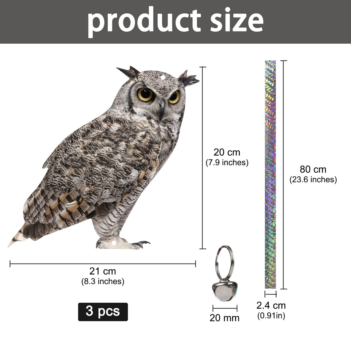 Kungfu Mall owl with reflective tape reflects sunlight to deter birds.
