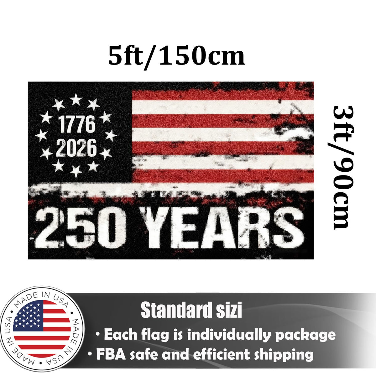 KUOKIP 250th-anniversary flag size-3x5ft view indicates versatile display options.