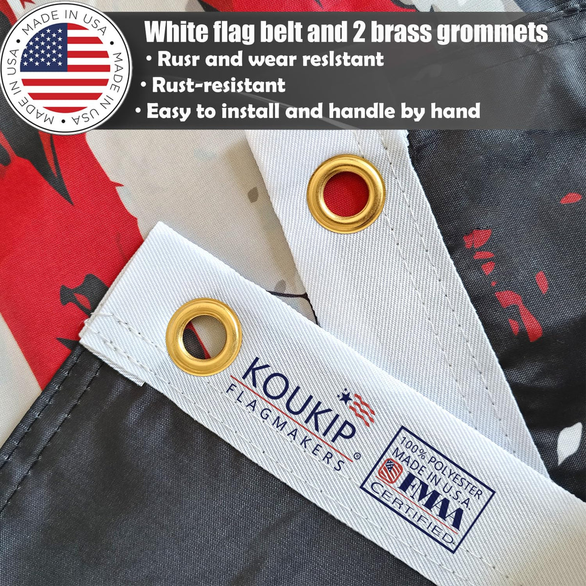 KUOKIP 250th-anniversary flag brass grommets closeup enables quick, secure pole attachment.