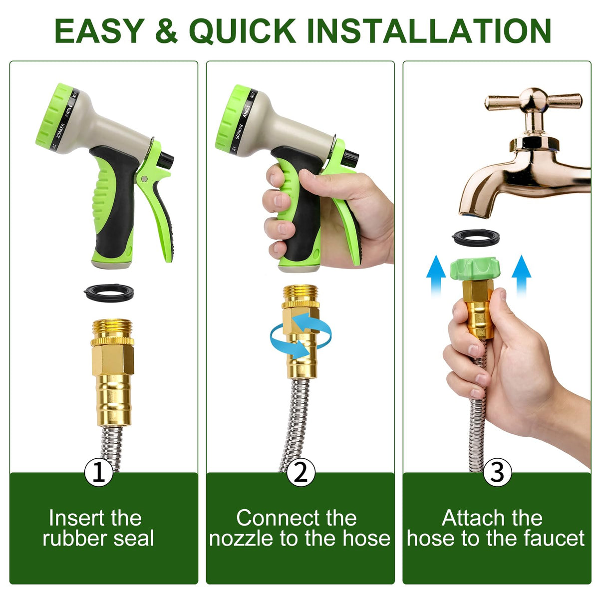 Kuosdaz 100ft metal hose storage-ready, comes with washers for secure fittings.