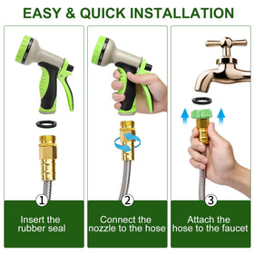 Kuosdaz 100ft metal hose storage-ready, comes with washers for secure fittings.