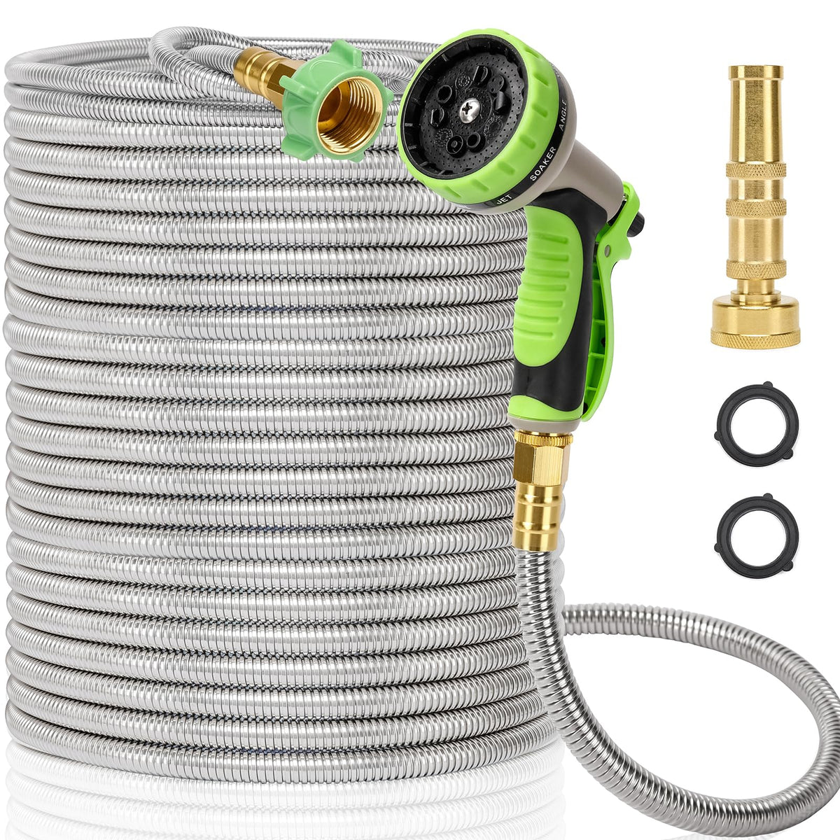 Kuosdaz metal garden hose 100ft in full length, durable stainless steel for long-lasting outdoor use.