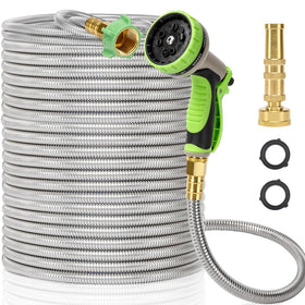 Kuosdaz metal garden hose 100ft in full length, durable stainless steel for long-lasting outdoor use.