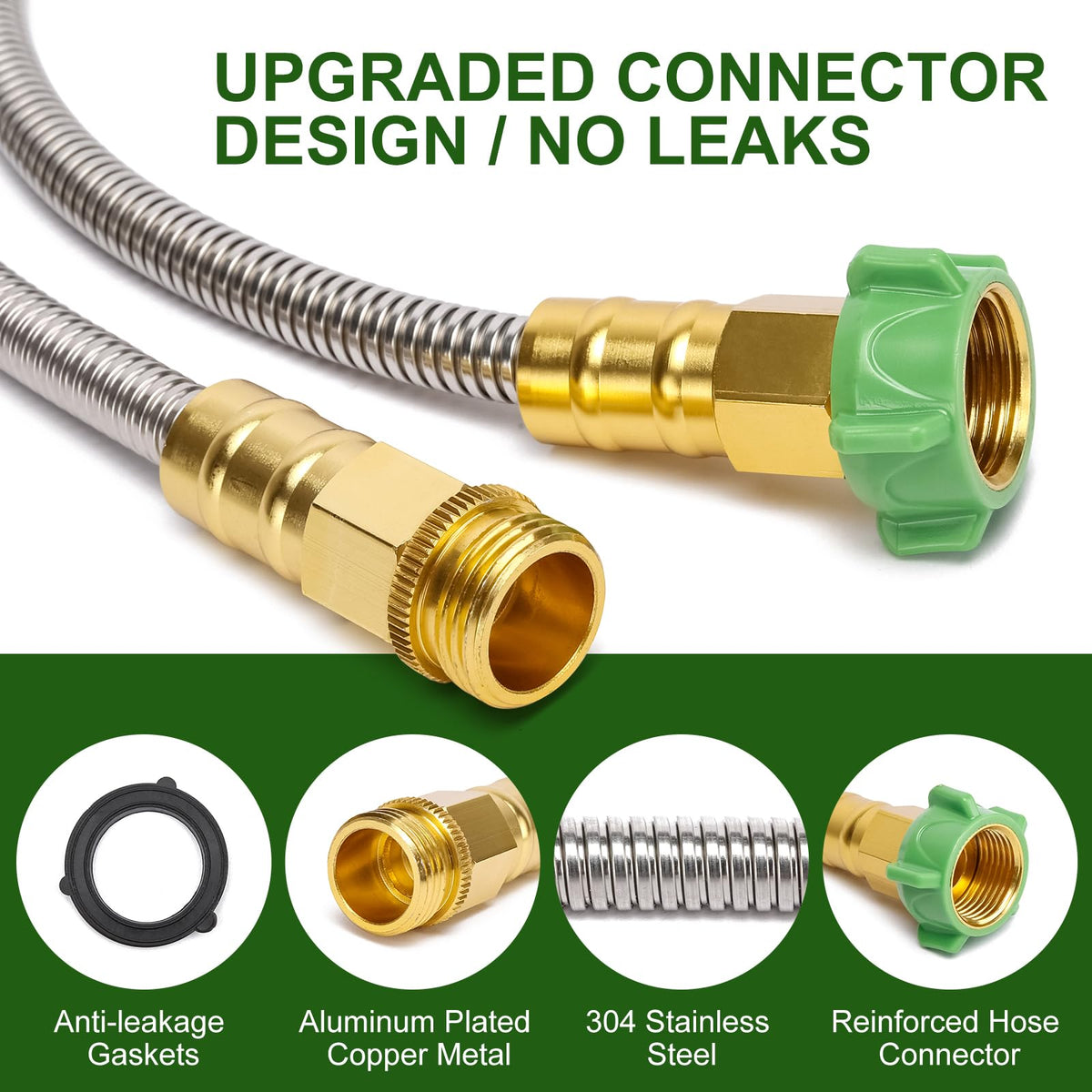 Kuosdaz metal garden hose 100ft with 10-function nozzle, versatile watering options.