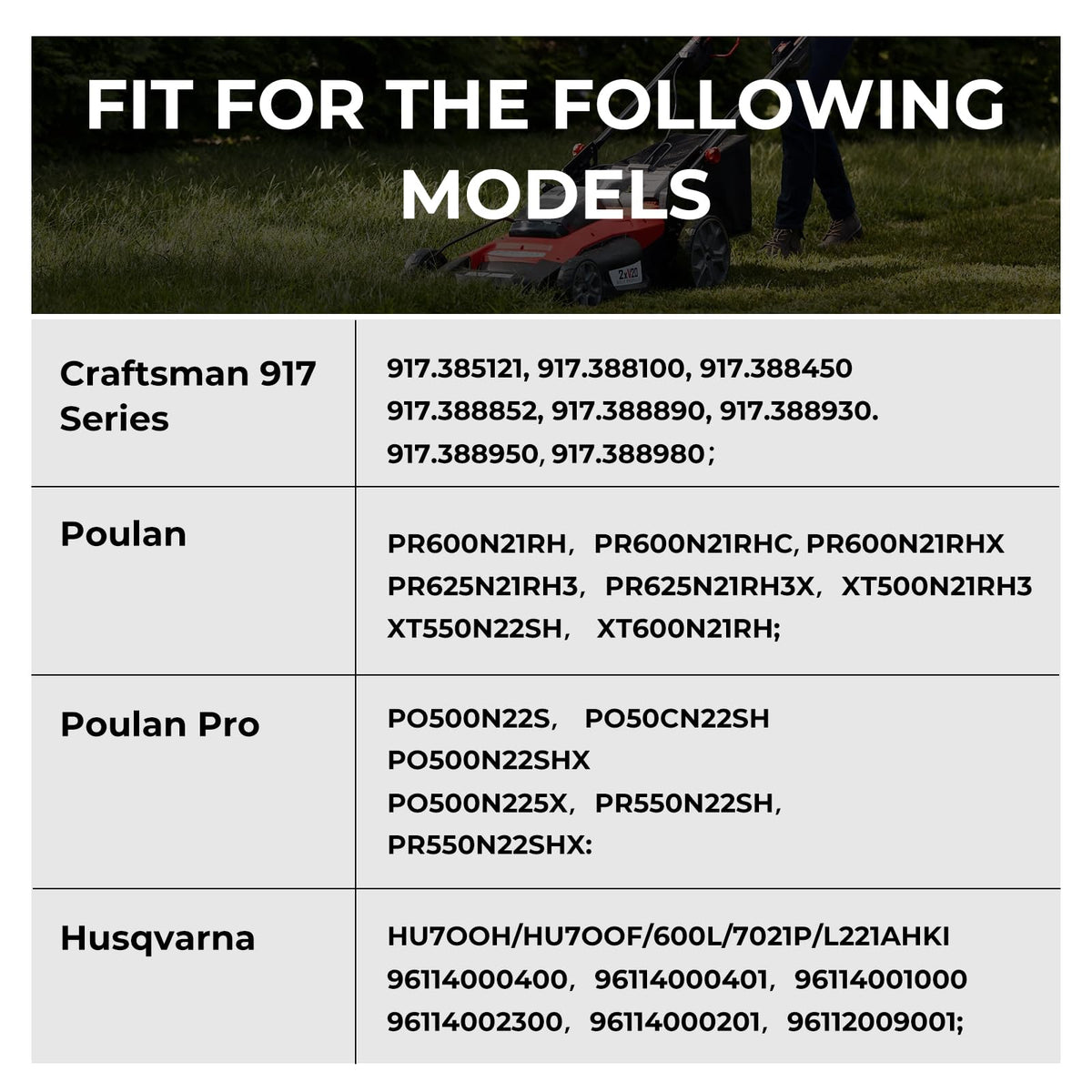 Kuupo Craftsman 917-series compatibility supports common walk-behind mowers.