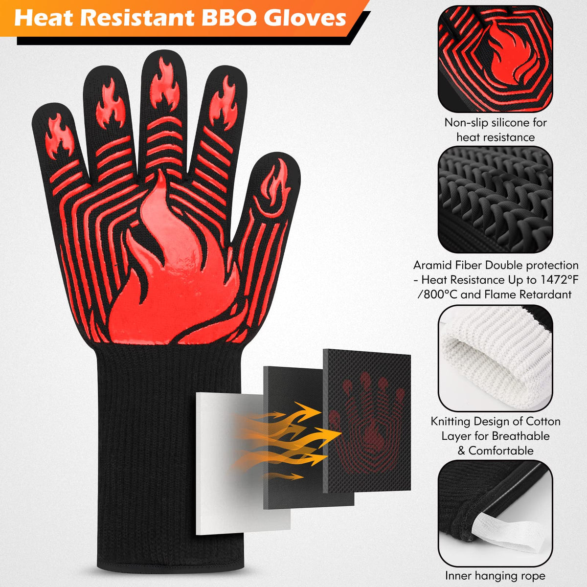 KUWANI BBQ Gloves highlighting three-layer material for durable heat protection