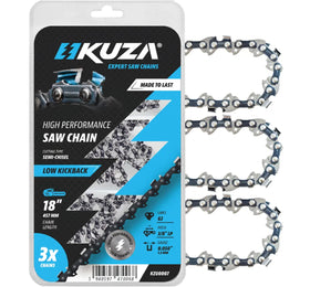 KUZA 18-inch chainsaw chain close-up shows German steel durability for long life.