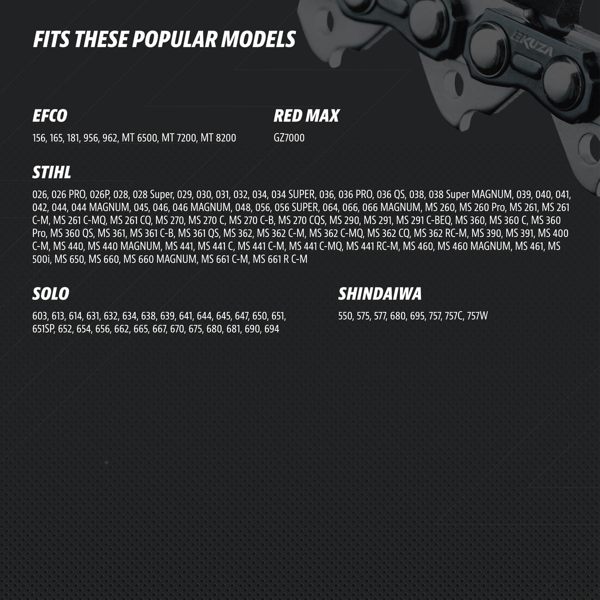 KUZA-compatible models label helps confirm proper fit across saws.