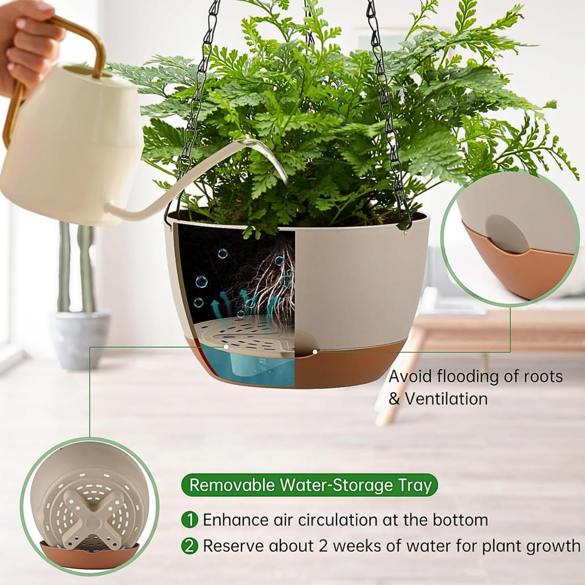 Kvetto drainage tray with removable cover prevents overwatering and aids airflow.