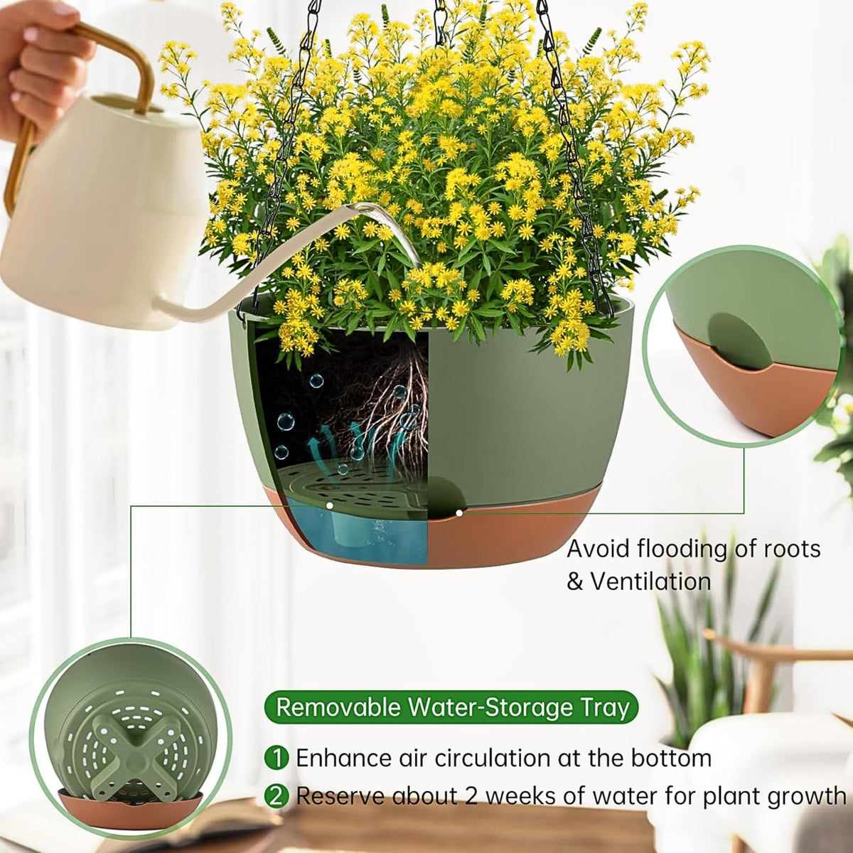 Kvetto Set2 hanging planter tray detail reveals drainage hole and water reservoir.