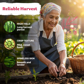 KVITER harvest-ready young cucumbers promote steady kitchen yields.