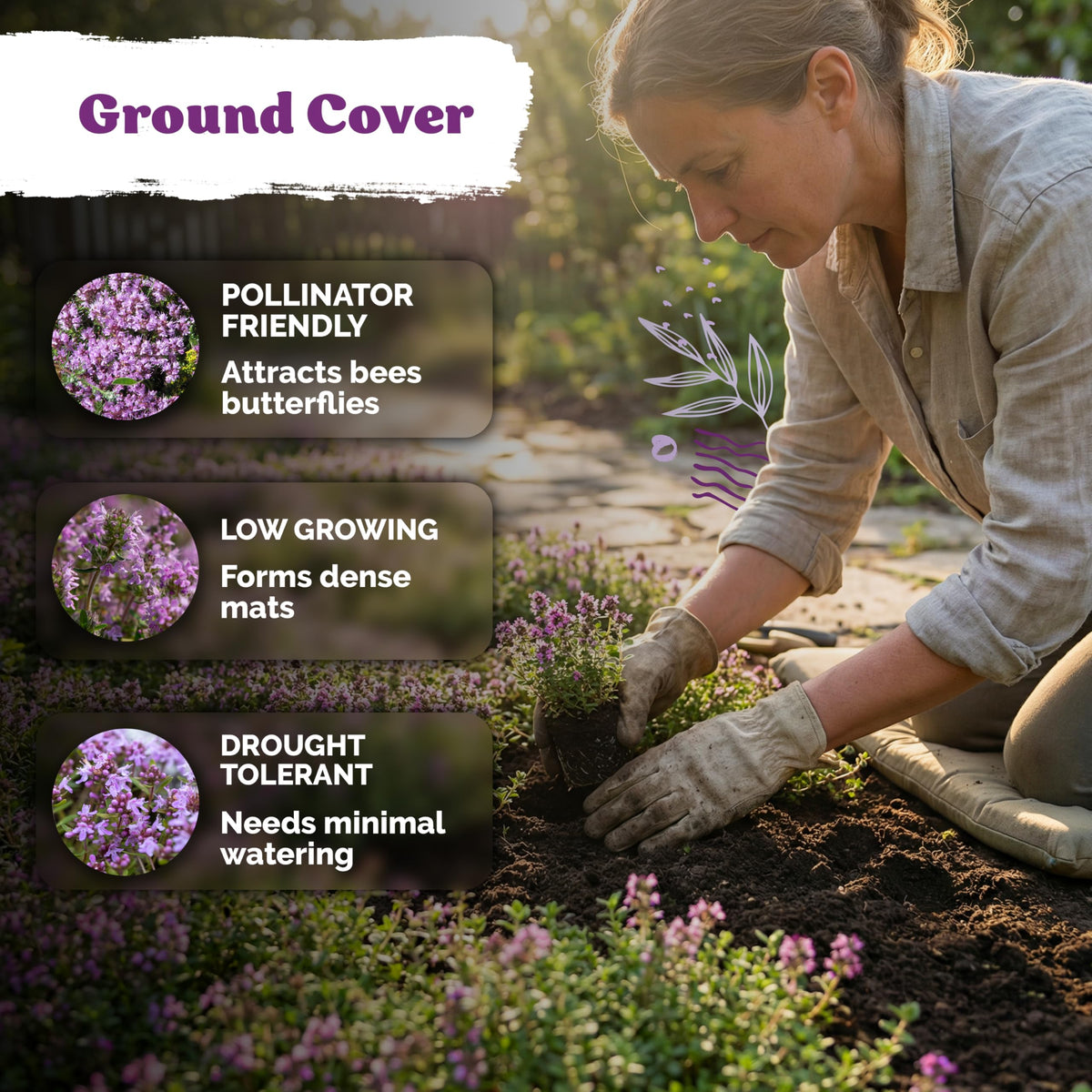 KVITER creeping thyme mats spread over a pathway, enhancing texture.