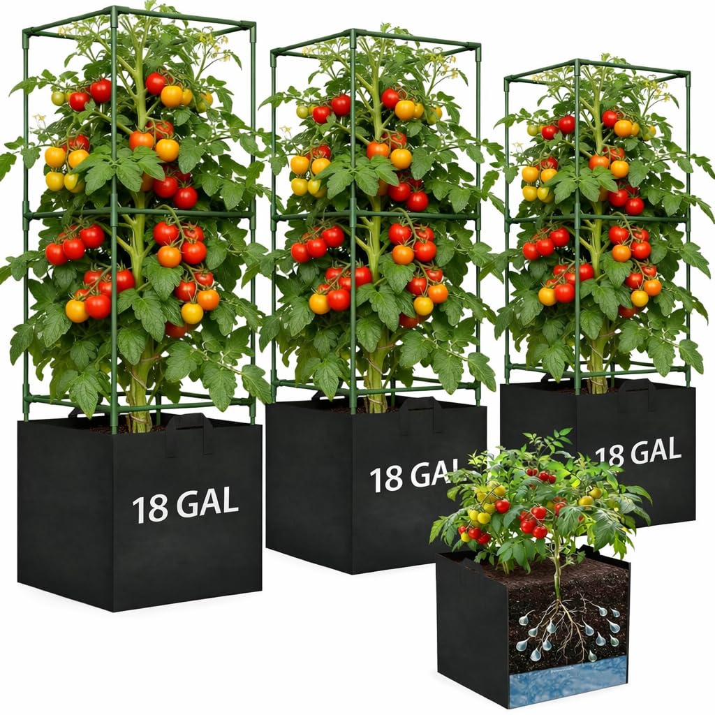 Kweetle tomato cage with grow bag setup provides stable support.