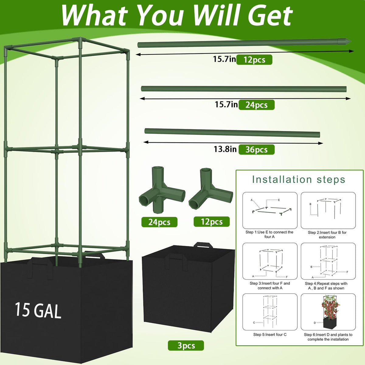 Tool-free setup with three cages and grow bags in one package.