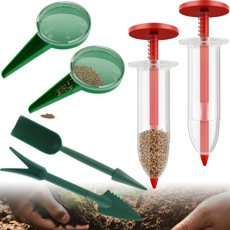 Kwevos mini seed spreader with red tube for precise tiny-seed sowing