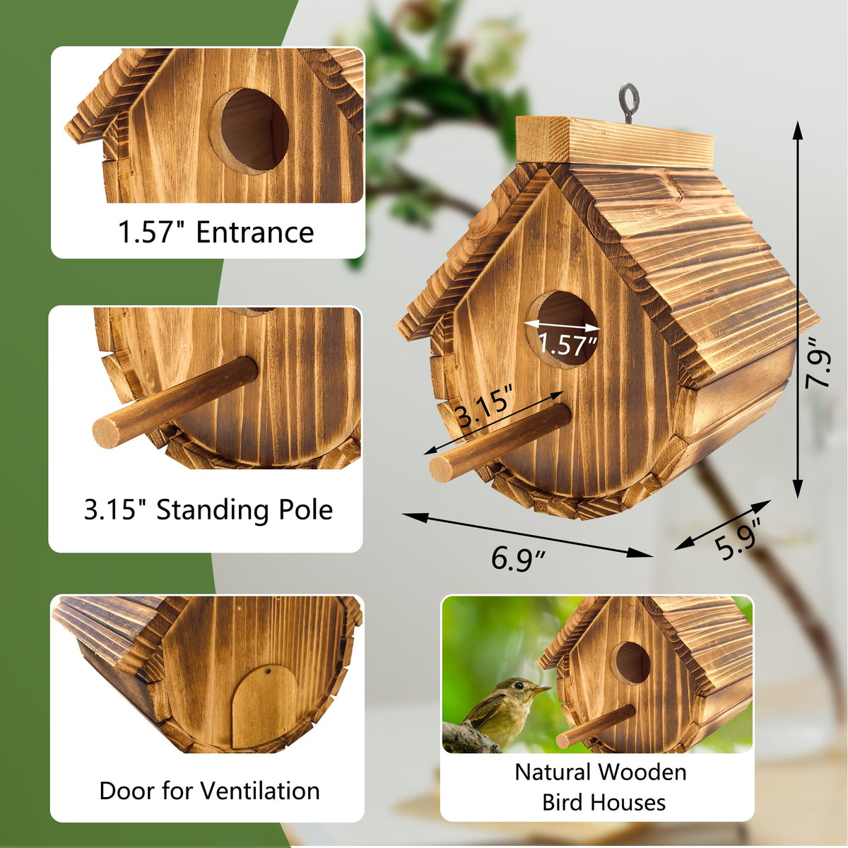 KWISAMR weatherproof hanging bird house with hemp rope