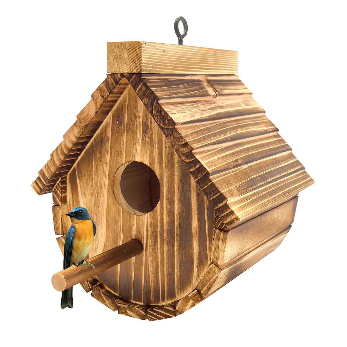KWISAMR wren house outdoors in natural wood, sturdy for wind resistance and shelter