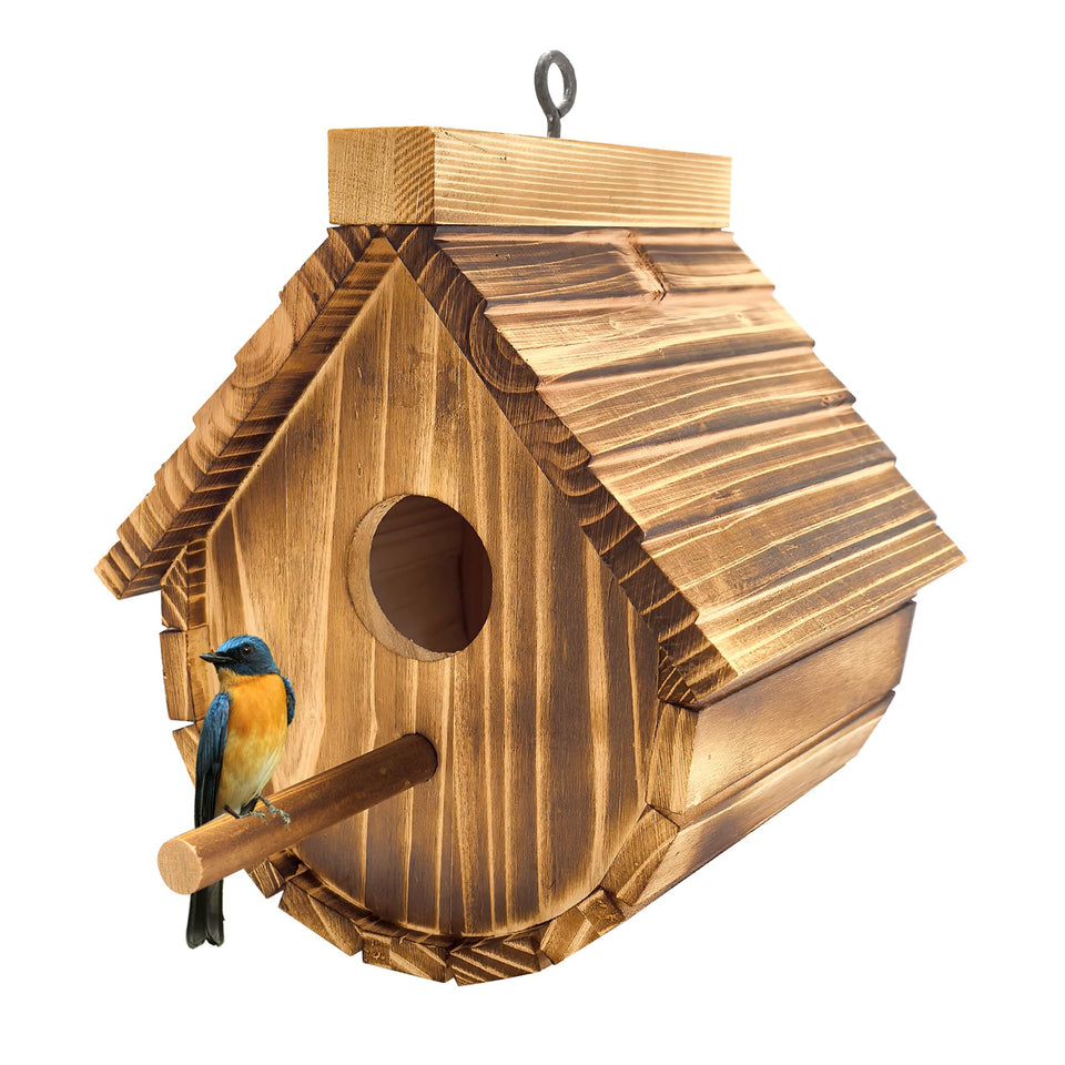 KWISAMR wren house outdoors in natural wood, sturdy for wind resistance and shelter