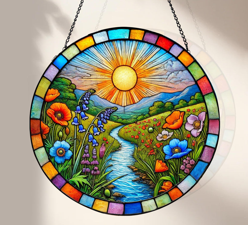 KWYADLUO stained glass window hanging reflecting sunlight with vibrant patterns.