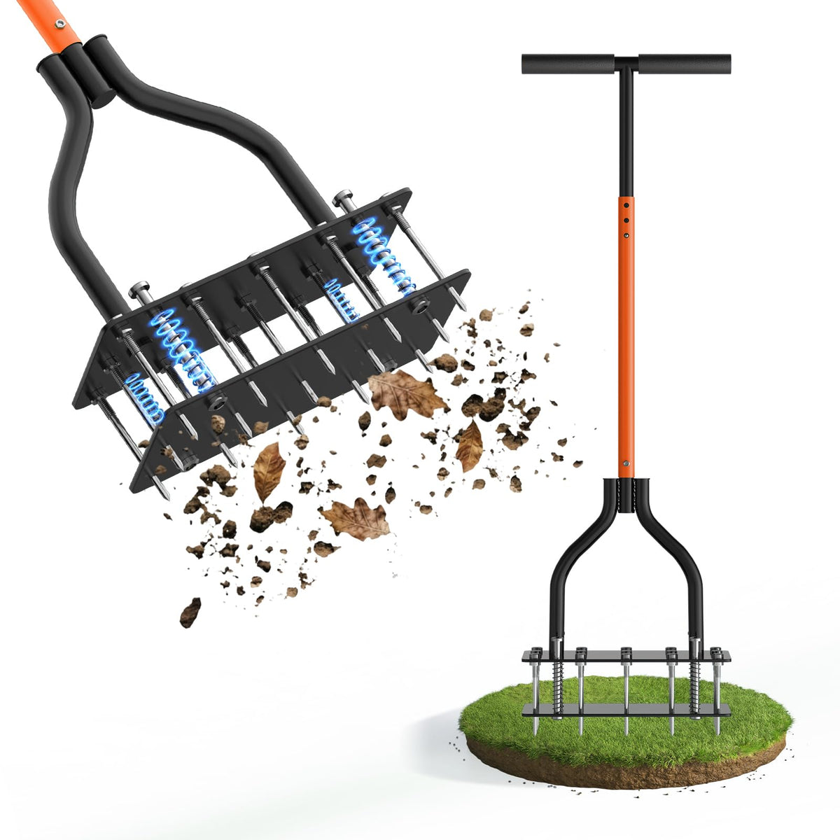 KXGBARN lawn aerator with dual-layer spikes for self-cleaning efficiency.