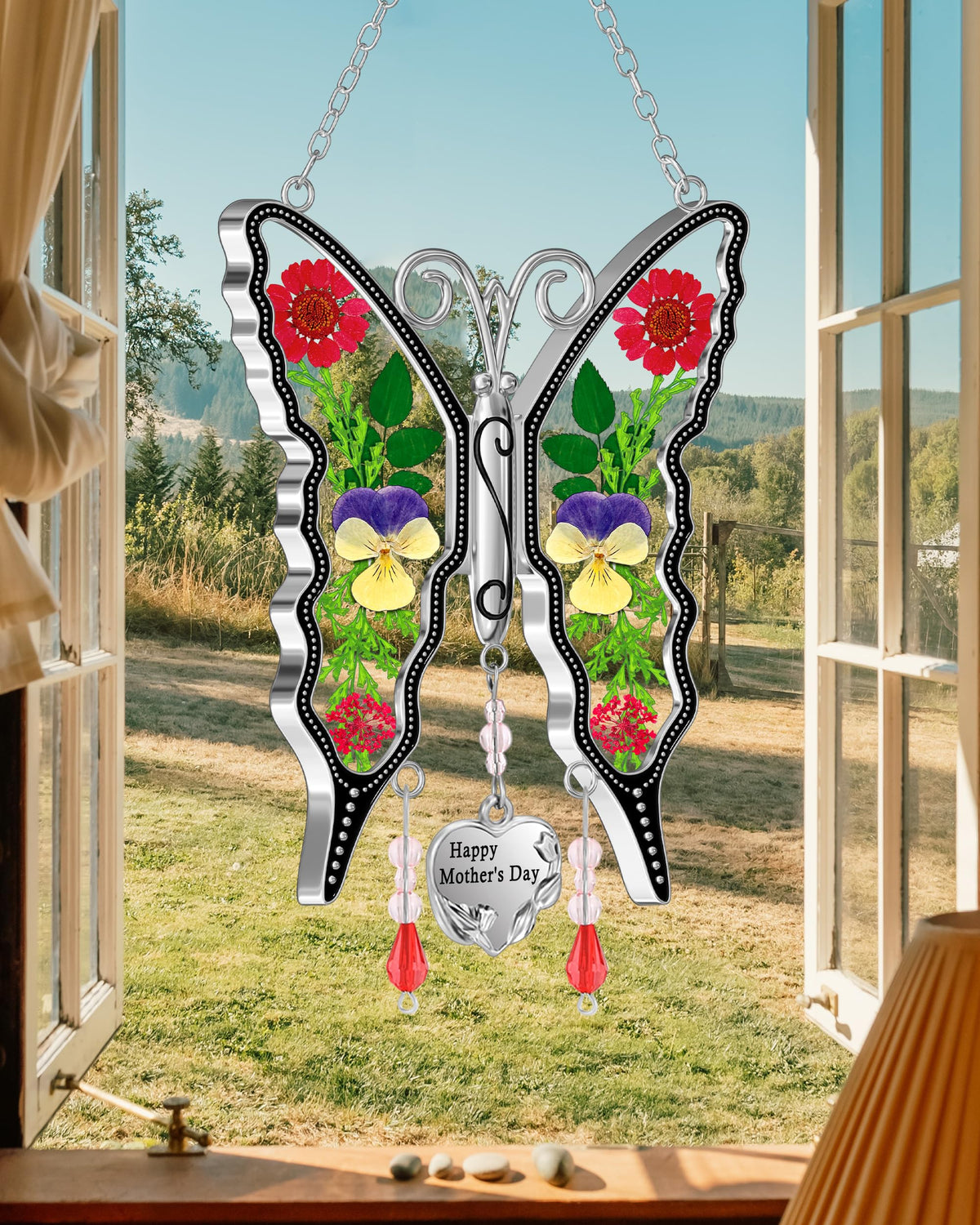 KY&BOSAM stained glass suncatcher in window with petals