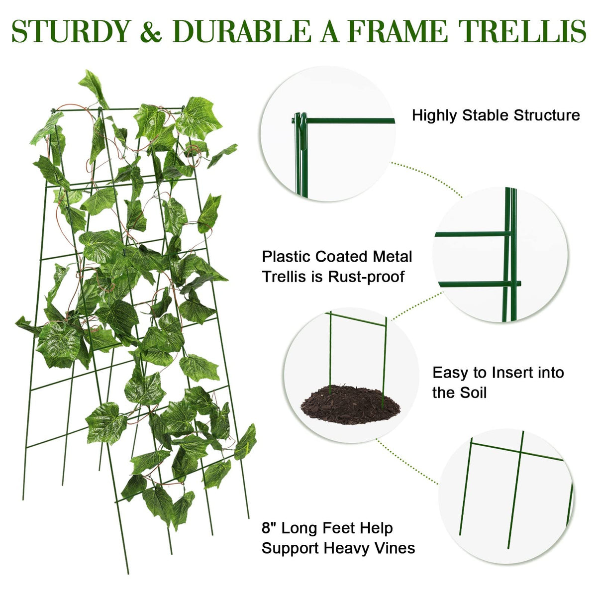 Kyrieval cucumber trellis in use lifting vines for better airflow.
