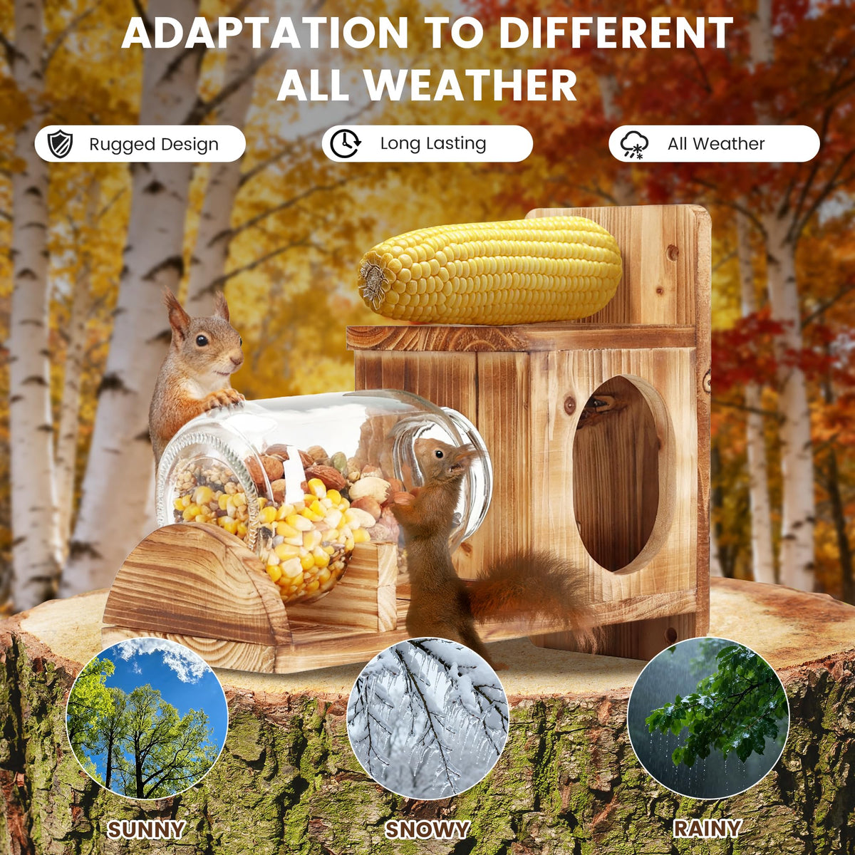 Kyuuhiku squirrel feeder features heat-treated charred wood for rain resistance.