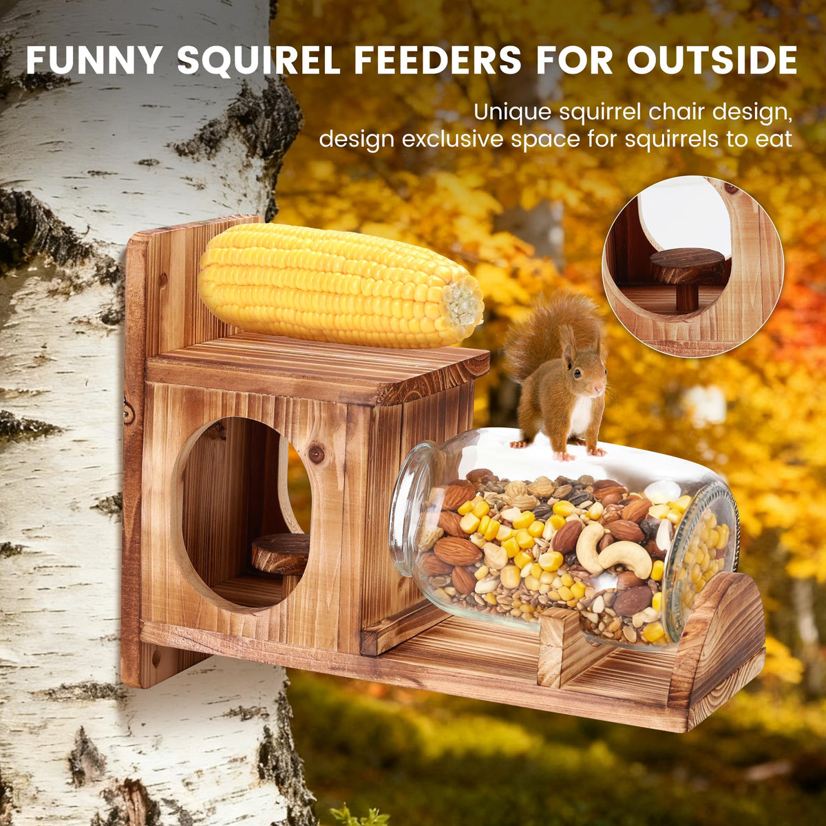 Kyuuhiku squirrel feeder with glass jar for easy food monitoring.