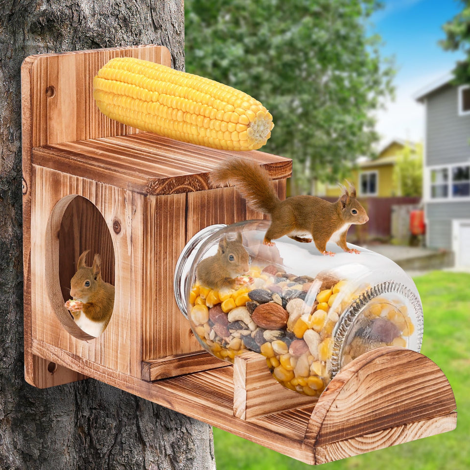 Kyuuhiku squirrel feeder in wooden outdoor design, built to weather well.