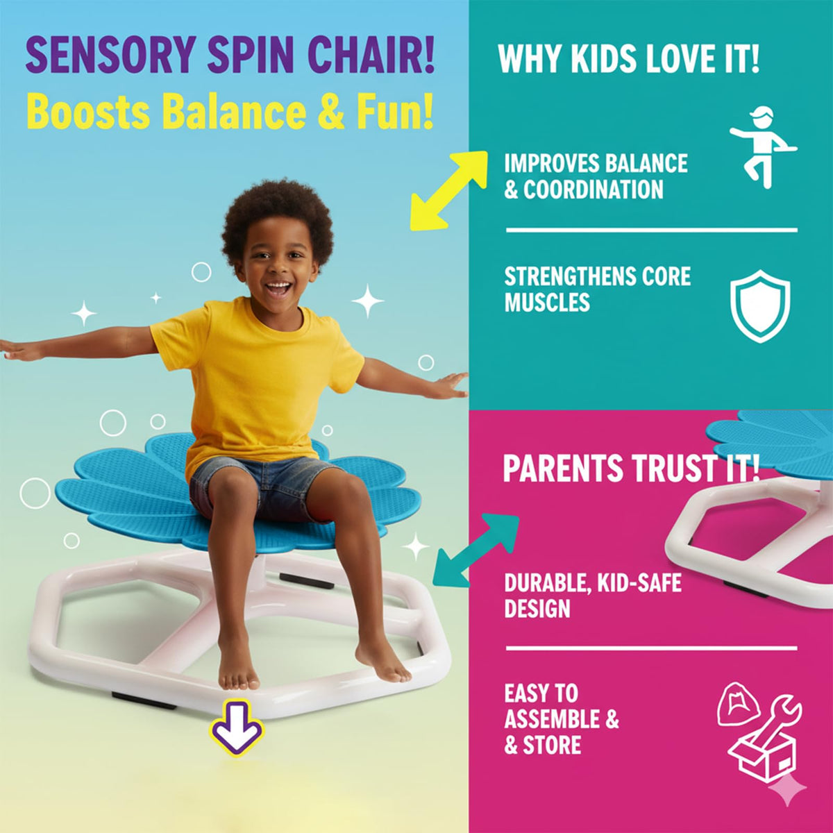KYZDZQ spinning chair blue side view supports coordination during active indoor play