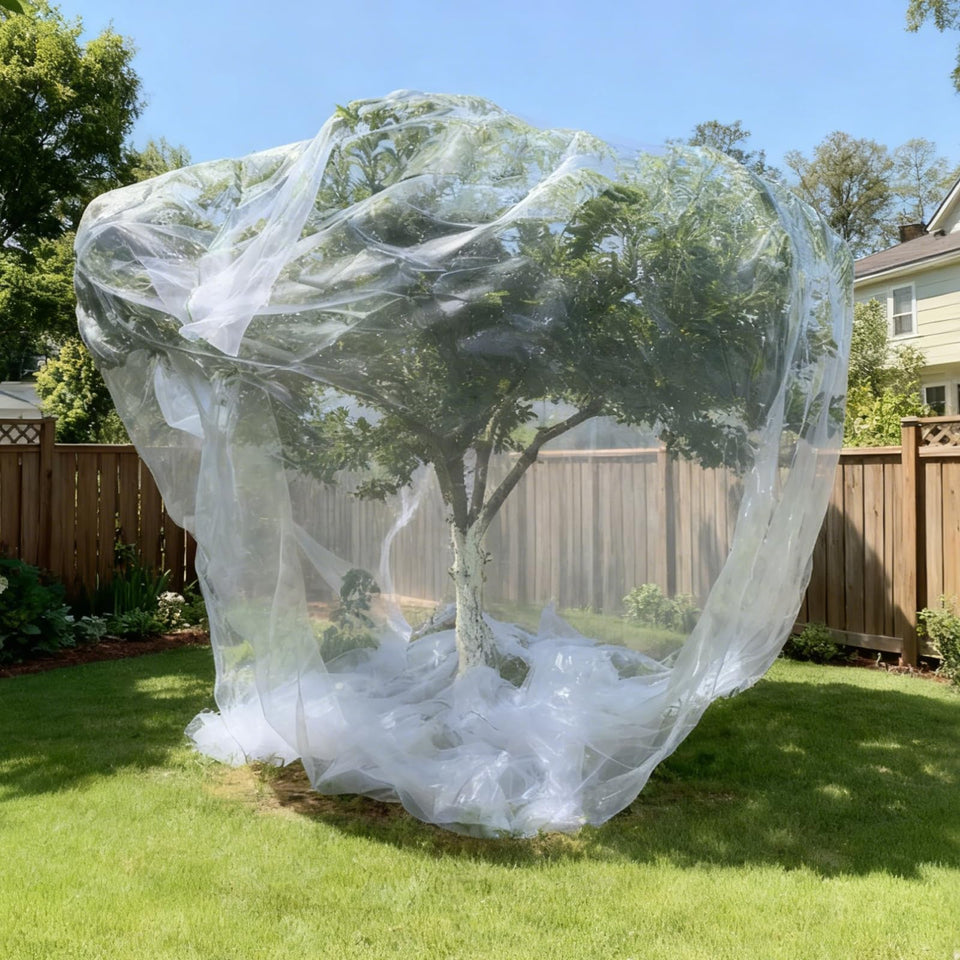LHongL fruit tree netting cover draped over a mature tree protecting ripening fruit