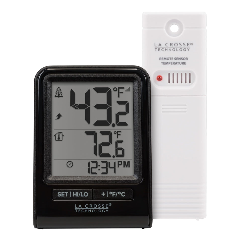 La Crosse 308-1409BNH-CBP front display for quick indoor/outdoor temperature checks
