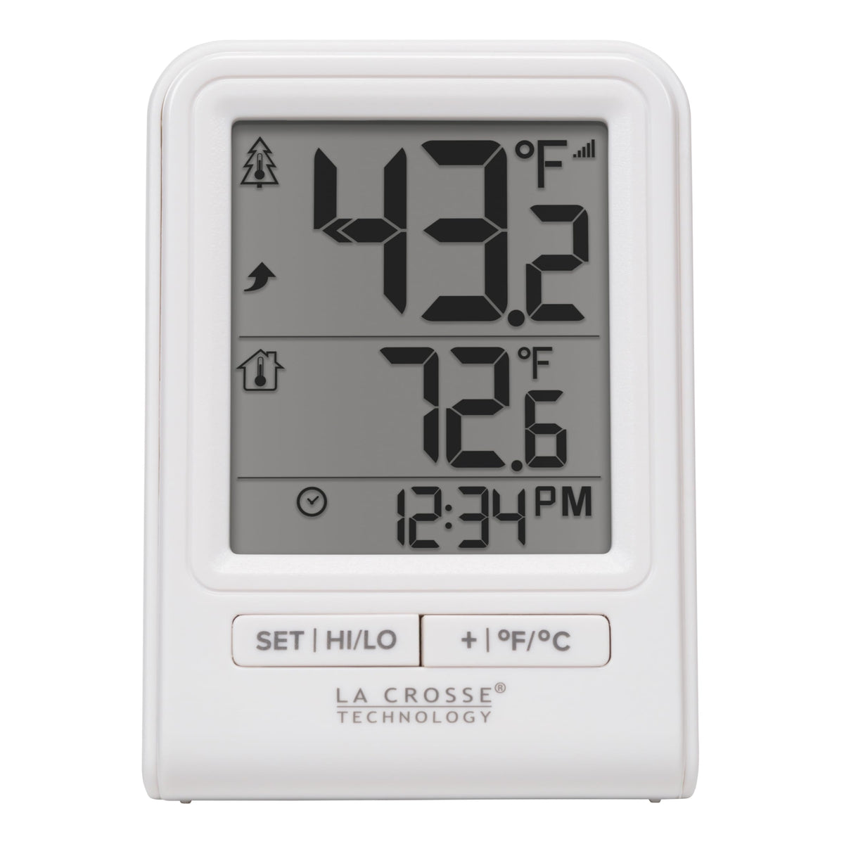 La Crosse Technology 308-1409WNH-CBP indoor/outdoor temps view with decimal option for accuracy.