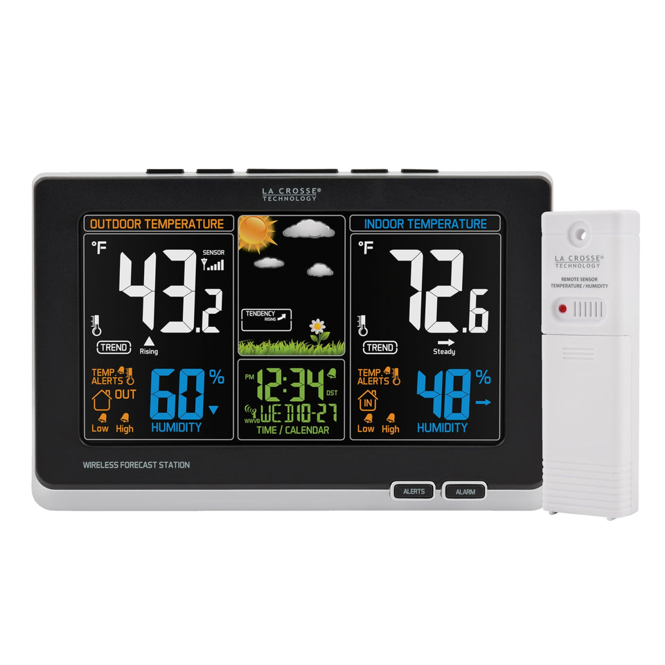 La Crosse Technology Advanced Weather Station with full-color LCD showing indoor and outdoor readings clearly