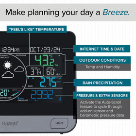 Illuminated color display on La Crosse station with adjustable brightness for day or night.