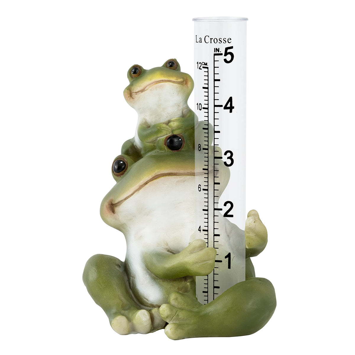 La Crosse frog rain gauge front view for accurate rainfall tracking in your garden.
